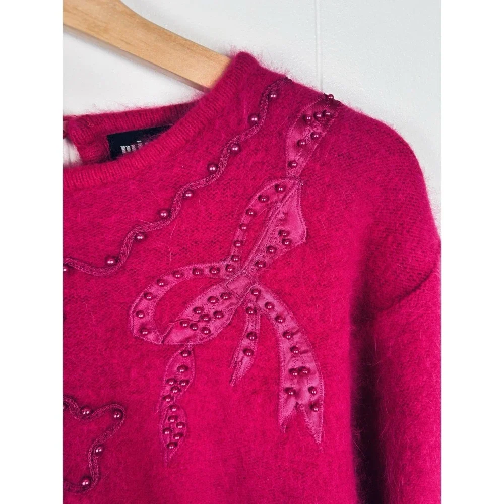 Vintage 80s Pink Coquette Bow Beaded Fuzzy Angora Wool Knit‎ Sweater Pullover